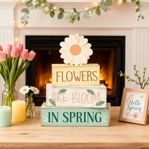 Spring Decoration Wooden Tiered Tray Decor – Daisy Flower Spring Stacked Block Sign – Farmhouse Tabletop Floral Spring Decor for Shelf Mantel Seasonal Home Display - style: Flower
