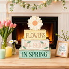 Spring Decoration Wooden Tiered Tray Decor – Daisy Flower Spring Stacked Block Sign – Farmhouse Tabletop Floral Spring Decor for Shelf Mantel Seasonal Home Display - style: Flower