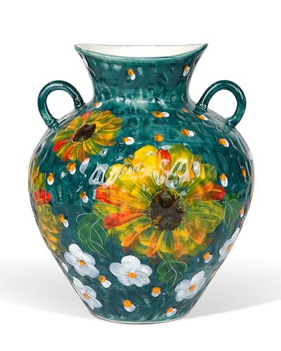 10 Inch Ceramic Vase with Sunflower & Daisy Design, Hand-Painted Decorative Flower Vase with Handles, Rustic Farmhouse Table Centerpiece, Ideal Gift for Sunflower Lovers & Home Decor Enthusiasts - color: Green-sunflower