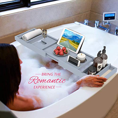 Domax Bathtub Caddy Tray Expandable Bamboo Tub Tray for Luxury Bath with Book Holder and Free Soap Dish (Gray, 29.4"-44.2"x 9.1"x1.65") - color: Gray
