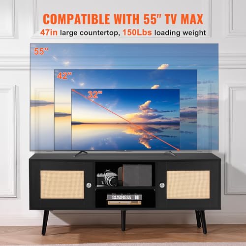 VEVOR Rattan TV Stand, Boho TV Cabinet for 55 inch TV, Mid Century Modern TV Stand, Rattan TV Console with Adjustable Shelfs for Living Room, Media Room, Black - color: Black, size: for 55" TVs