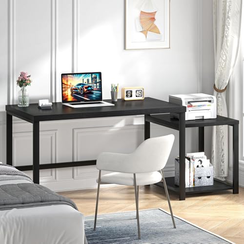 FOLUBAN Large Home Office Desk, Black Computer Desk with Storage Shelves, Modern Wood Writing Study Gaming Table for Bedroom Living Room, 63 Inch - color: Black