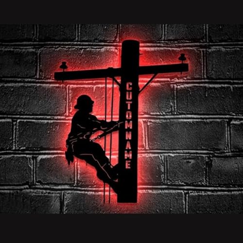 Personalized US Lineman Metal Led Sign, Custom Electric Pole Climber Wall Art, Custom Name Lineman Gift for Electrician, Dad, Son, Husband, Housewarming Gifts New Home - color: 01 Lineman