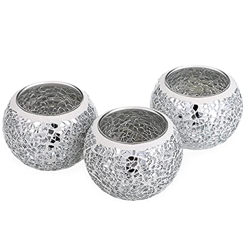 OwnMy 3PCS Mosaic Glass Tea Light Holders Round Bowl Votive Candle Holders Pillar Candle Stands, Silver Glass Mosaic Tealight Holders Potted Plant Bowl Vase Candle Centerpiece for Dining Table Wedding - color: Silver