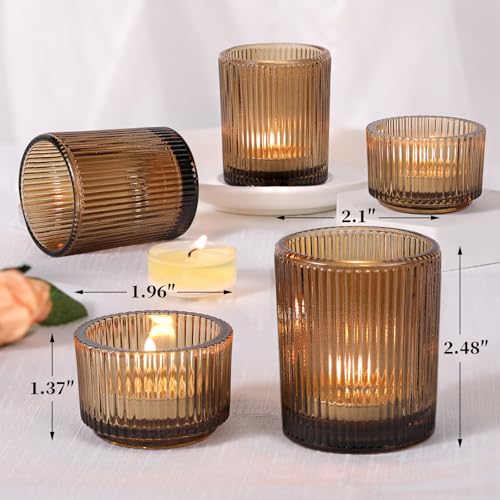 NITIME 20pcs Ribbed Amber Votive Candle Holders, Assorted Glass Tea Light Candle Holders for Fall Decor, Amber Candle Holders for Wedding Centerpieces, Thankgiving and Christmas Decorations - color: Amber