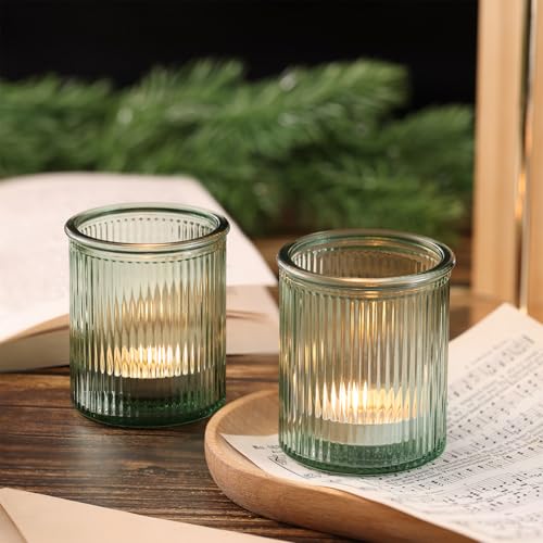 NITIME 32Pcs Ribbed Green Votive Candle Holders, Tea Light Candle Holders Glass for Table Centerpiece, Green Candle Holders for Wedding, Bridal Shower and Tea Party Decorations - color: Green