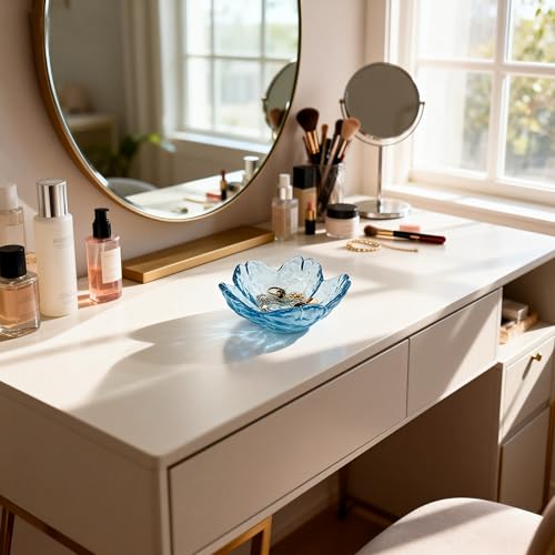Mini Flower Ring Plate Jewelry Storage Tray Ring Holder for Dressing Table, Bedside Table, Room Bathroom Decoration, Cute Valentine's Day Christmas Birthday Gift for Women (blue flower) - color: blue Jewelry Tray and Flower Base