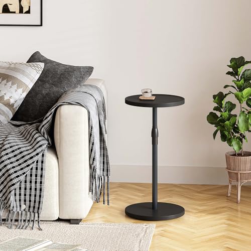 Adjustable End Table, Small Round Side Table, Drink Table for Small Spaces, Pedestal Nightstand for Living Room, Bedroom, Sofa Couch, Black Wood Grain ET-010BW - color: Black Wood Grain