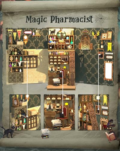 Cutefun Book Nook Kit, DIY Miniature Dollhouse Booknook for Adults, 3D Wooden Puzzle Bookend Bookshelf Insert Decor with LED Light, Gift for Craft Lovers (Magic Pharmacist) - style: Magic Pharmacist