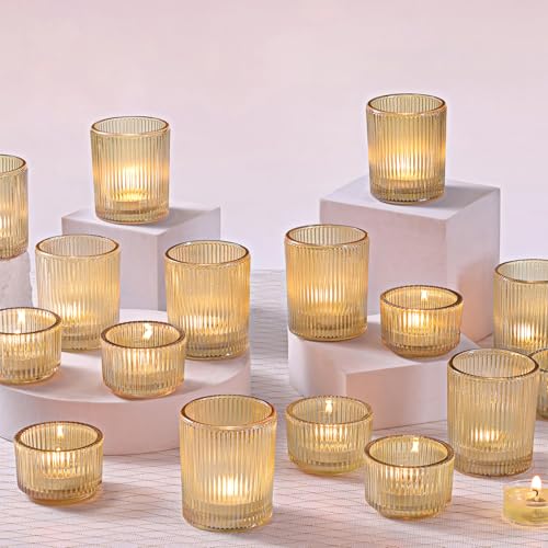 NITIME 20pcs Ribbed Gold Votive Candle Holders, Assorted Tea Light Candle Holder Glass for Wedding Table Decor, Gold Candle Holders for Table Centerpieces, Diwali, Brithday, Party and Holiday Decor - color: Gold