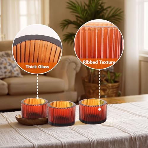 JOYIT Amber Votive Candle Holders Bulk Set of 4, Tealight Candle Holder for Wedding Table Centerpiece, Glass Small Candle Holders for Birthday Party, Valentine's Day, Home Decor (2''X 1.4'') - color: Amber