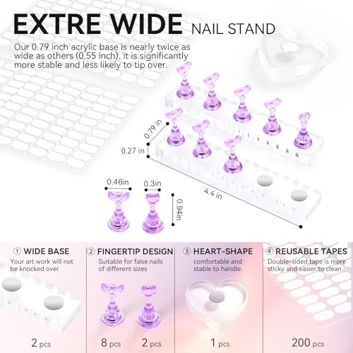Nail Stand For Press On Acrylic Strong Magnetic Nail Holder Kit For Painting Nails Tip Arts Display With 200PCS Double-Sided Tape And 1 Heart Shaped Acrylic Magnetic Presson Stand (Clear And Purple, Medium) - color: Clear And Purple, size: Medium