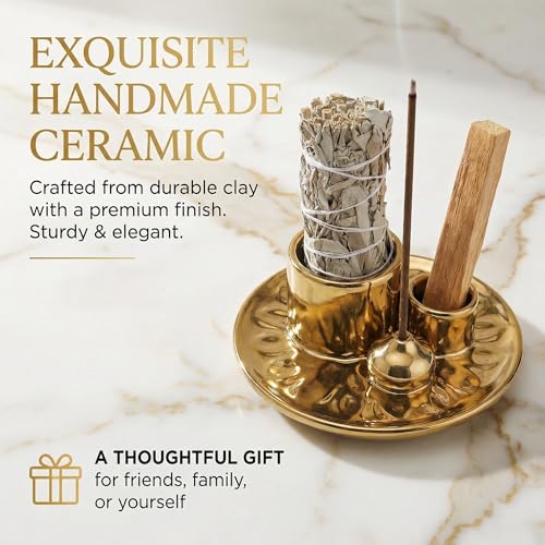 Handmade Ceramic Incense Burner for Palo Santo Incense Sticks, 4 in 1 Multi-Purpose Sage Holder for Burning, Ash Catcher Tray for Meditation Yoga Room (Golden) - color: Golden