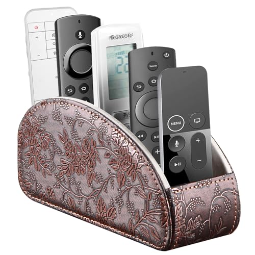 YAPISHI All-in-One Leather Brown TV Remote Holder with 5 Compartments Nightstand Desktop Media Player Remote Caddy Storage Box Organizer Tray for Mobile Office Phone Controller - color: Antique Flower, size: Small