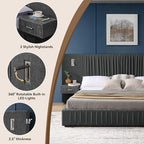 Luxury Queen Size Bed Frame with Oversized Upholstered Headboard, Modern Chenille Upholstered Platform Bed Frame with Gold LED Lights, Nightstands, No Box Spring Needed, Dark Grey - color: Dark Grey, size: Queen