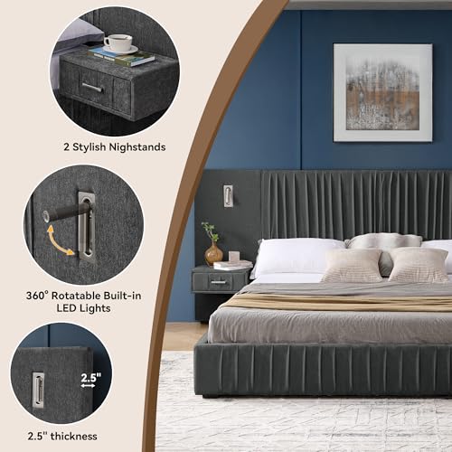 Luxury King Size Bed Frame with Oversized Upholstered Headboard, Modern Chenille Upholstered Platform Bed Frame with Gold LED Lights, Nightstands, No Box Spring Needed, Dark Grey - color: Dark Grey, size: King