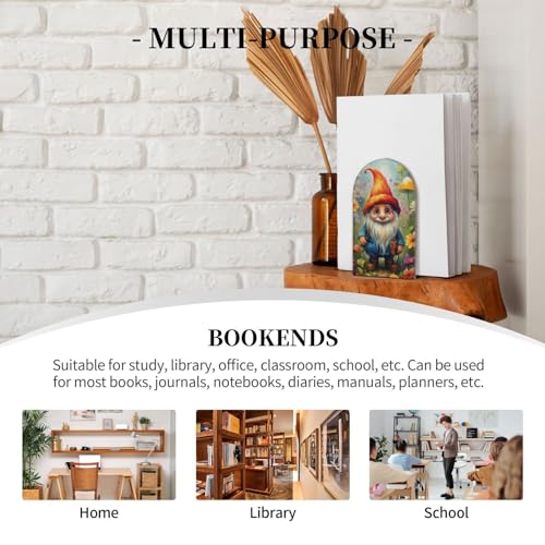 Decorative Bookends Floral Painting Gnome Flowers Kids Wood Bookends 2 Pcs Book Stoppers for Shelves Desk Non-Skid Modern Bookends for Office Kitchen School