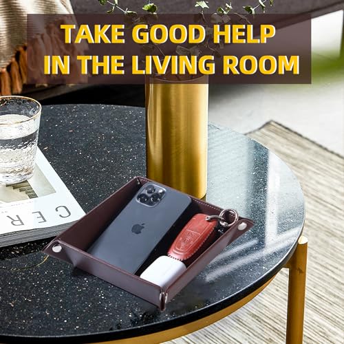 Valet Tray for Men Women - PU Leather Travel Catchall Tray Organizer - Desk Bedside Nightstand Storage Box for Jewelry Key Phone Remote Controller Wallet Watch Glasses Coin Readers - Square - color: Dark Brown