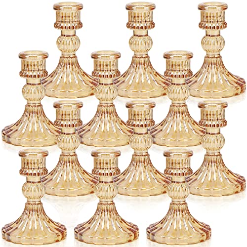 DARJEN Candlestick Holders Set, 4" H Taper Candle Holders Bulk, 12Pcs Gold Glass Candle Holders for Wedding, Festival, Party & Windowsill Decor - color: Gold Striped Pattern