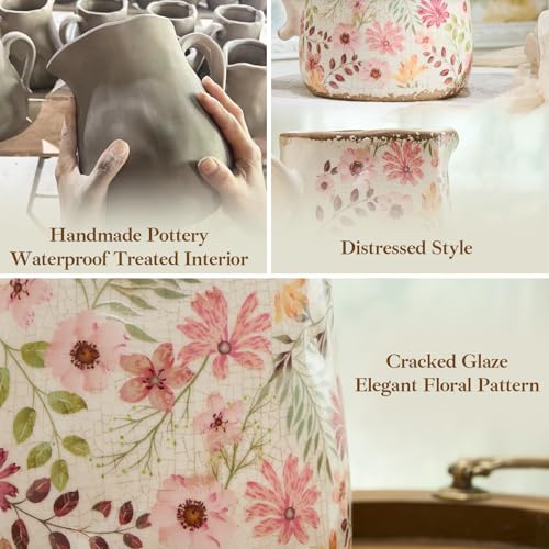 Retro Rustic Large Ceramic Vase with Handle, Distressed Farmhouse Pitcher for Home, Ideal Shelf Decor, Colorful Daisy Floral Vase for Living Room Bedroom Office Table Centerpiece Decorations 9 Inch - color: Colorful Daisy, size: Large Pitcher