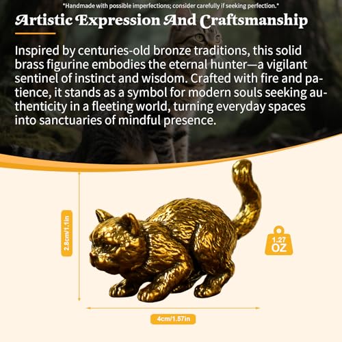 CHOVY Vintage Brass Cat Statue - Alert Hunting Cat Sculpture in Solid Brass, Handmade Collectible Figurine, Unique Desk Decor Gift for Cat Lovers & Vintage Interior Enthusiasts - color: Alert Cat
