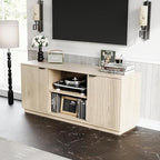 60'' Fluted TV Stand, Console Table, Mid Century Modern Curved TV Stands with Water Wave Shaped Door, Entertainment Center with Metal Handle, Living Room (Cream Yellow Wood Grain)