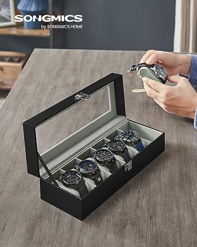SONGMICS Watch Box, 6-Slot Watch Case Organizer with Large Glass Lid, Removable Pillows, Gift for Loved Ones, Black Synthetic Leather, Greenish Gray Lining UJWB06BK - color: Black + Gray, size: 6 Slot