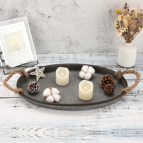 Hipiwe Galvanized Metal Iron Oval Tray with Rope Handle Farmhouse Serving Tray Rustic Industrial Decorative Centerpiece for Coffee Table Weddings and Parties Decor, Large - size: 15.4" x 9.8" x 1.6"