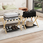 Smuxee Natural Bamboo Luggage Rack Pack of 2, Foldable Suitcase Stand with Storage Shelf, Easily Assembled Luggage Stand with 5 Nylon Straps for Guest Room Bedroom Hotel - color: Natural 2PCS