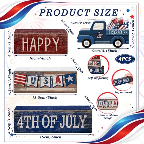 CroBlissful 4 Pcs 4th of July Decorations Patriotic Memorial Day Tabletop Decorations Red White Blue Table Centerpieces Sign for Office Tiered Tray Home Shelf 250th Anniversary(Happy Usa) - style: Happy Usa