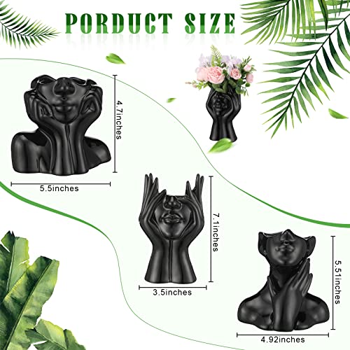 Sieral 3 Pcs Ceramic Face Vase Female Form Flower Modern Body Vase for Decor with Head Half Body Bust Centerpiece for Table Shelf Home Bedroom Room Office(Small,Black) - color: Black, size: Small