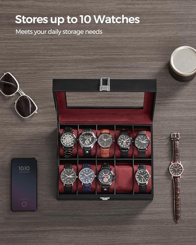 SONGMICS Watch Box, 10-Slot Watch Case Organizer with Large Glass Lid, Removable Pillows, Gift for Loved Ones, Black Synthetic Leather, Wine Red Lining UJWB010R01 - color: Black + Wine Red, size: 10 Slot