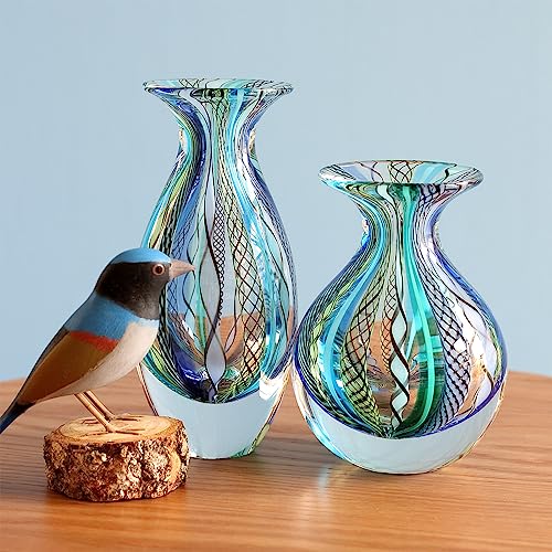 Ca D Oro Small Glass Vase Boho with Blue/Green Canes Hand Blown Murano-Style Art Glass - Model Nº 2 - color: Small Blue Model 2