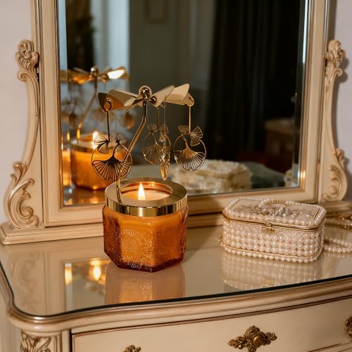 kingnero Lavender Scented Candle Carousel Rotary Candle Holder Spinning Tea Light Birthday Gifts for Women, Mom, Wife, Girlfriend, Sister, Female Friends, (Gold Ginkgo Leaf) - color: Gold Ginkgo Leaf