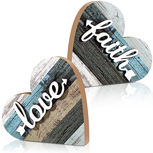 Jetec 2 Pcs Rustic Wooden Heart Table Decor, Daisy Farmhouse Home Decor, Bless This Home & Be Kind Sign for Living Room, Dining Room, Shelf & Mantel, Ideal Housewarming & Birthday Gift(Love Style) - style: Love Style