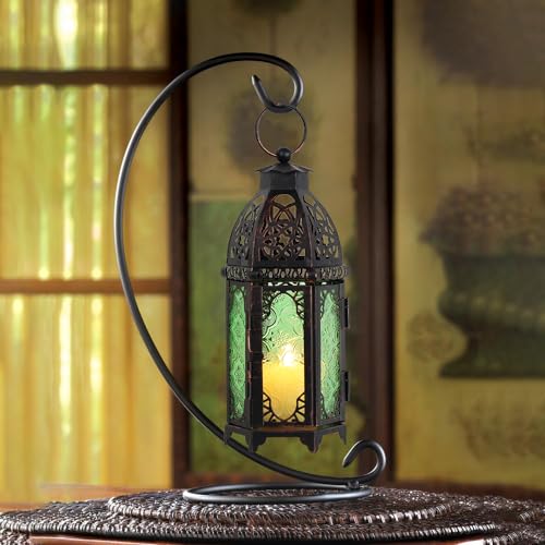 NEEDOMO Hanging Moroccan Lantern, 11'' Vintage Candle Holder, Metal Lanterns Decorative Indoor Outdoor, Table, Patio, Porch, Shelf, Gothic Home Decor (Green, Medium Size) - color: Green, size: Medium