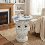 Luxurious Owl Side Table - 20" Premium Faux Marble Top Accent Table with Hand-Detailed Resin Owl Statue Base - High-End Round End Table for Study, Library, Nightstand - Tool-Free - color: White Owl