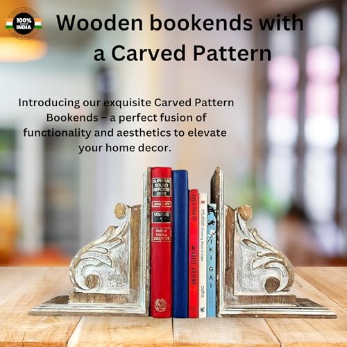 Vintage One Pair of Distressed-Finish Wooden bookends with a Carved Pattern, Perfect for Shelves, Heavy bookends for Books, and Modern Accent for Living Room,Office (Rustic White) - color: Rustic White
