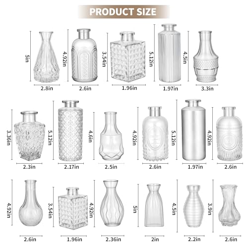 Glass Bud Vases in Bulk Set of 17, Transparent Clear Small Mini Vases for Flowers, Vintage Vase for Centepiece,Wedding, Table Decor, Baby Shower, Christmas, Home and Events - color: Transparent