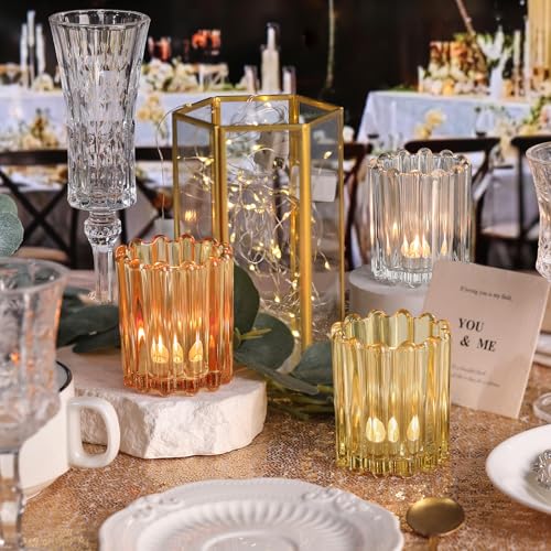 HAVITI Votive Candle Holder, Orange Ribbed Votive Candle Holders Set of 12, Mixed Color Tealight Candle Holder for Wedding Centerpieces Dinner Party Table Decor - color: Clear&orange&yellow