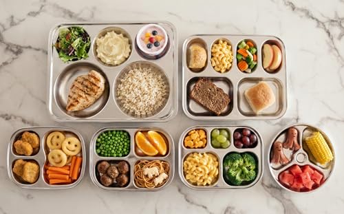 Korean Stainless Steel Divided Plates for Kids, Adults, Students, Premium 304, Electro-Polished, No Black Residue, BPA-Free, 6-Compartment Food Tray, Picky Eaters, Diet Portion Control, Set of 2 - size: 6 Compartments (12x9.5Inch)