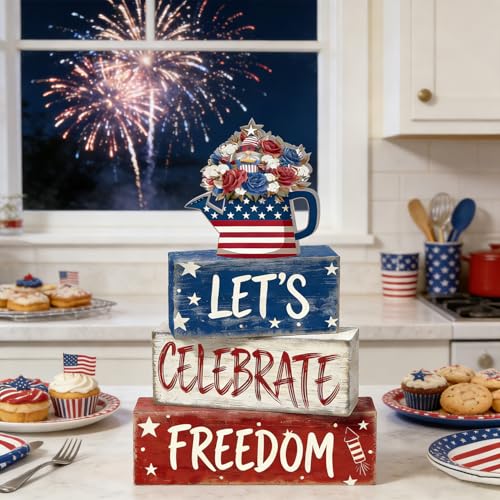4th of July Table Decorations Patriotic Memorial Day Tiered Tray Decor Wooden Freedom Block Signs Independence Farmhouse 250th July Fouth Centerpiece for Tables Wooden Sign for Home Decor - style: Freedom