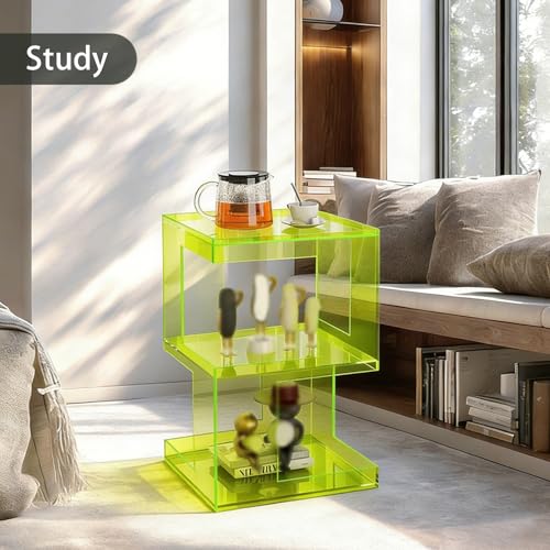 Acrylic End Table with 3 Tiers Storage, Modern Transparent Side Table and Multifunctional Accent Table, Small Nightstand or End Tables for Living Room, Bedroom, Office Decor, Fluorescent Green - color: Fluorescent Green