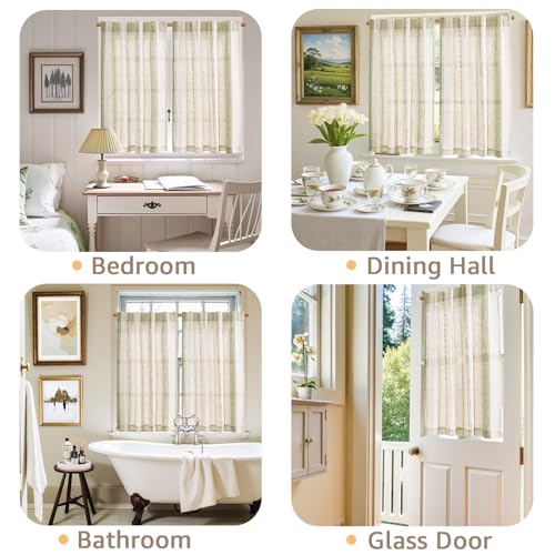 jinchan Boho Kitchen Curtains 24 Inch Linen Tier Curtains with Geometric Pattern Bohemian Cafe Small Light Filtering Window Treatment for Living Room RV Back Tab 2 Panels Green on Linen - color: Liora | Green on Linen, size: 26"W x 24"L (Pack of 2)