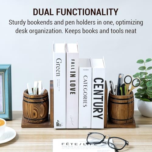 MyGift Wood Decorative Bookends with Pencil Holder, Office Desk Books Ends and Pen Holders as Vintage Wooden Barrels, Heavy Duty Bookends for Shelves, Rustic Burnt Brown Wine Barrel Design,1 Pair