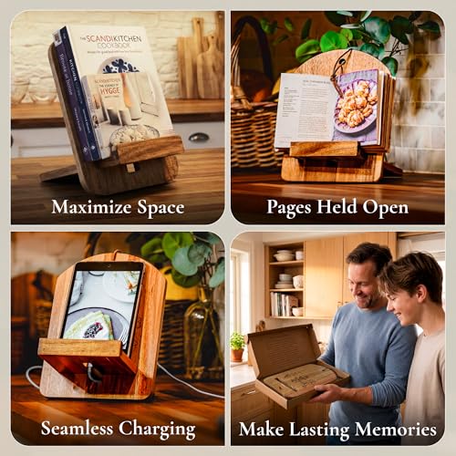 Wood Cook Book Stand for Kitchen Counter, Mothers Day Gift for Mom, Reversible Acacia Recipe Book Holder, Cooking Measurement Conversion Card, Adjustable Tablet Holder, Charging Cable Slot - style: Modern Classic