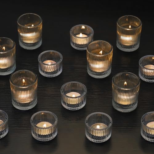 Clear Glass Votive Candle Holders Set of 20, Ribbed Tea Light Candle Holder Set for Tea Light Candles, Decorative Tealight Holder for Wedding Table Decor,Dining Room, Valentine's Day, Birthday(2 Size) - color: Clear