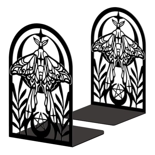 Peacoblue Metal Bookends for Shelves, Bohemian Moth with Moon Modern Decorative Heavy Duty Study Book Ends Stoppers for Office, Desk, Shelf, Room 5.3"x4.3"x7.9" Cast Iron Simple Tall Bookends 1 Pair - style: Bohemian Moth with Moon and Pentagram