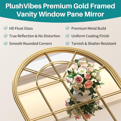 Gold Arched Window Pane Mirror - 24"x36" Farmhouse Arch Decorative Window Pane Wall Mirror for Wall Decor, Gold Metal Framed Mirrors for Living Room, Bathroom, Entryway, Bedroom, Fireplace - color: Gold 01- Window Pane