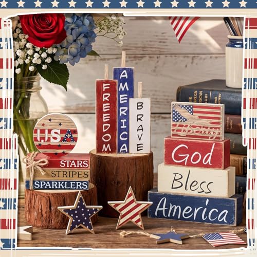 Vercraft 11 Pcs 4th of July Decorations Patriotic Memorial Day Tiered Tray Decor Set Blue Red White Table Centerpieces Sign for Independence Day Office Tiered Tray Home Shelf 250th Anniversary - style: Patriotic